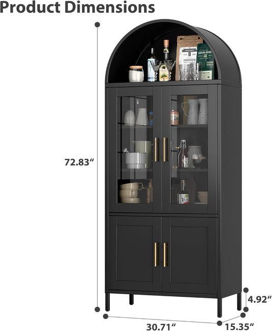 US Local Arched Kitchen Pantry Storage Cabinet With Doors Shelves, Black Arched Bookcase Display Cabinet For Home Office Bar Living Room, Assemble Require
