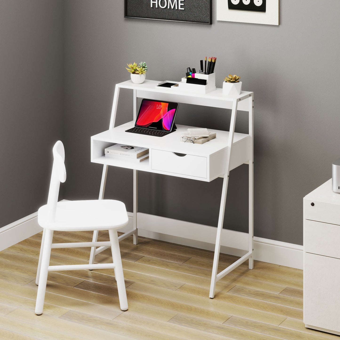 US Local Home Office Desk, Computer Desk For Small Spaces, Study Table With Drawer And Storage Shelves, White