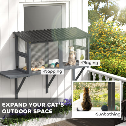 US Local Wooden Cat Catio, Outdoor Cat Enclosure Window Perch With Jumping Platform, For Safely Enjoying Outdoor Sights, Gray