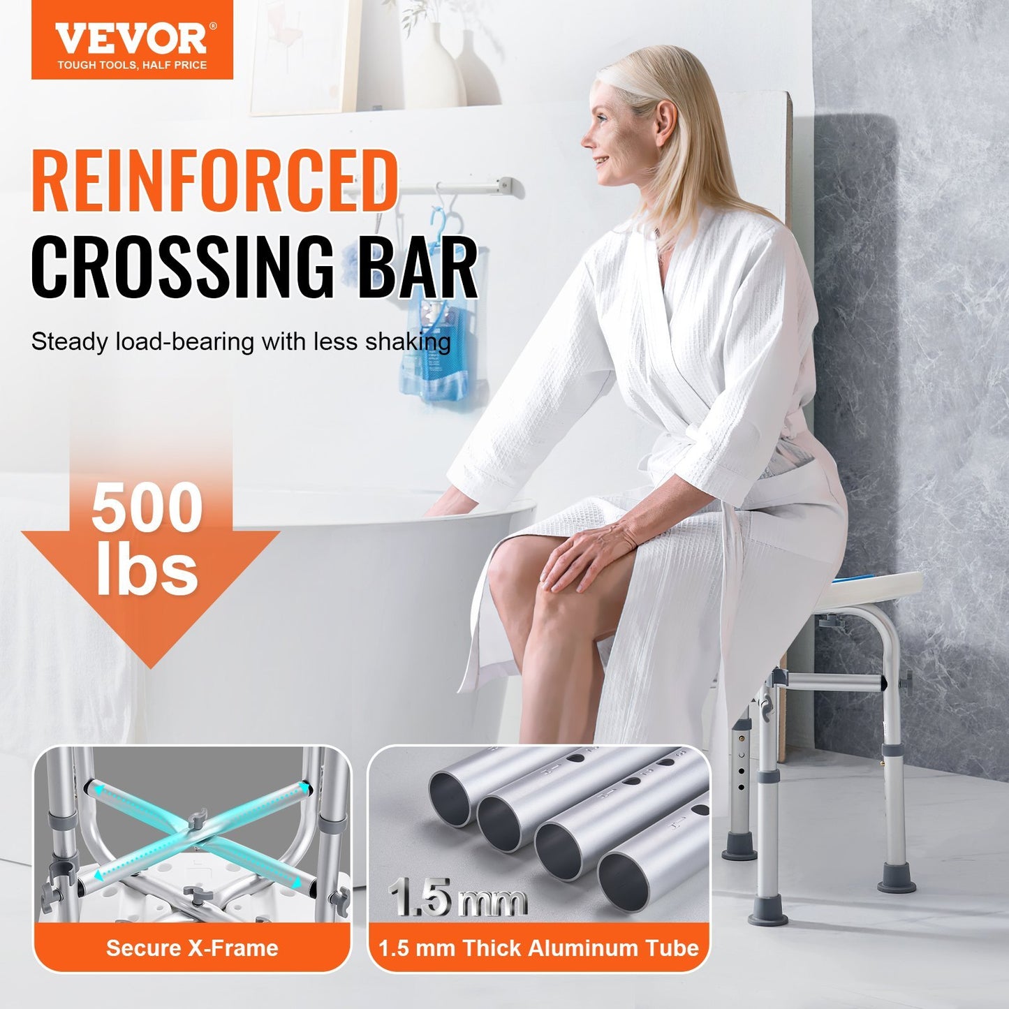 US Local VEVOR Shower Chair For Inside Shower, Adjustable Height Shower Stool With Crossbar Support, Shower Seat For Shower Tub, Non-Slip Bench Bathtub Stool Seat For Elderly Disabled Adults Handicap, 500 Lbs