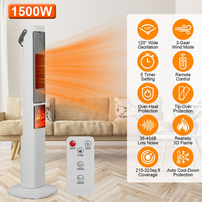 US Local 1500W Oscillating Ceramic Tower Space Heater With 3D Flame Portable Electric Heater With 3 Wind Modes Remote Control 5 Timer Overheat Tip-Over Protection For Bedroom Office