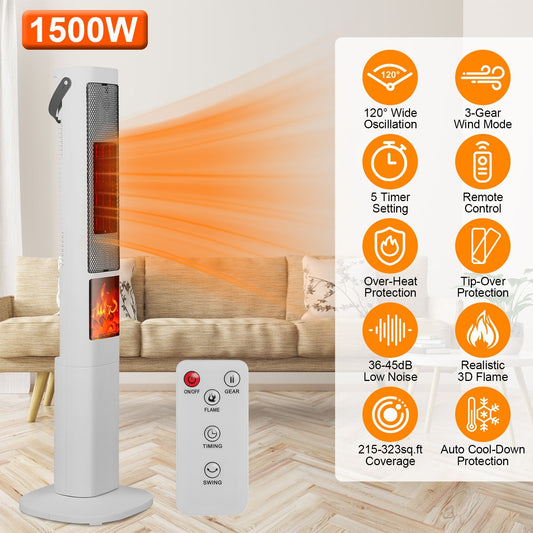 US Local 1500W Oscillating Ceramic Tower Space Heater With 3D Flame Portable Electric Heater With 3 Wind Modes Remote Control 5 Timer Overheat Tip-Over Protection For Bedroom Office