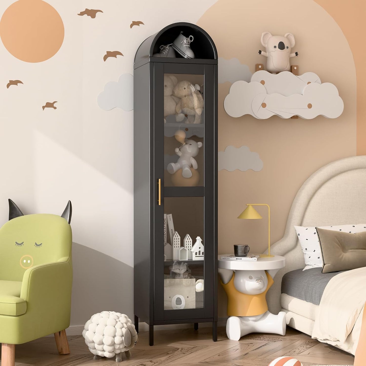 US Local 73 In Tall Metal Arched Cabinet, Kitchen Pantry Cabinet With Glass Door, Modern Farmhouse Arched Bookcase With 3 Adjustable Shelves For Dining Room And Living Room, Black, Assembly Required