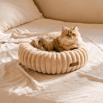 MEWOOFUN Donut Cat Bed - Washable Round Pet Bed For Indoor Cats & Kittens, Fluffy Non-Slip Calming Bed For Small Dogs, Light Brown