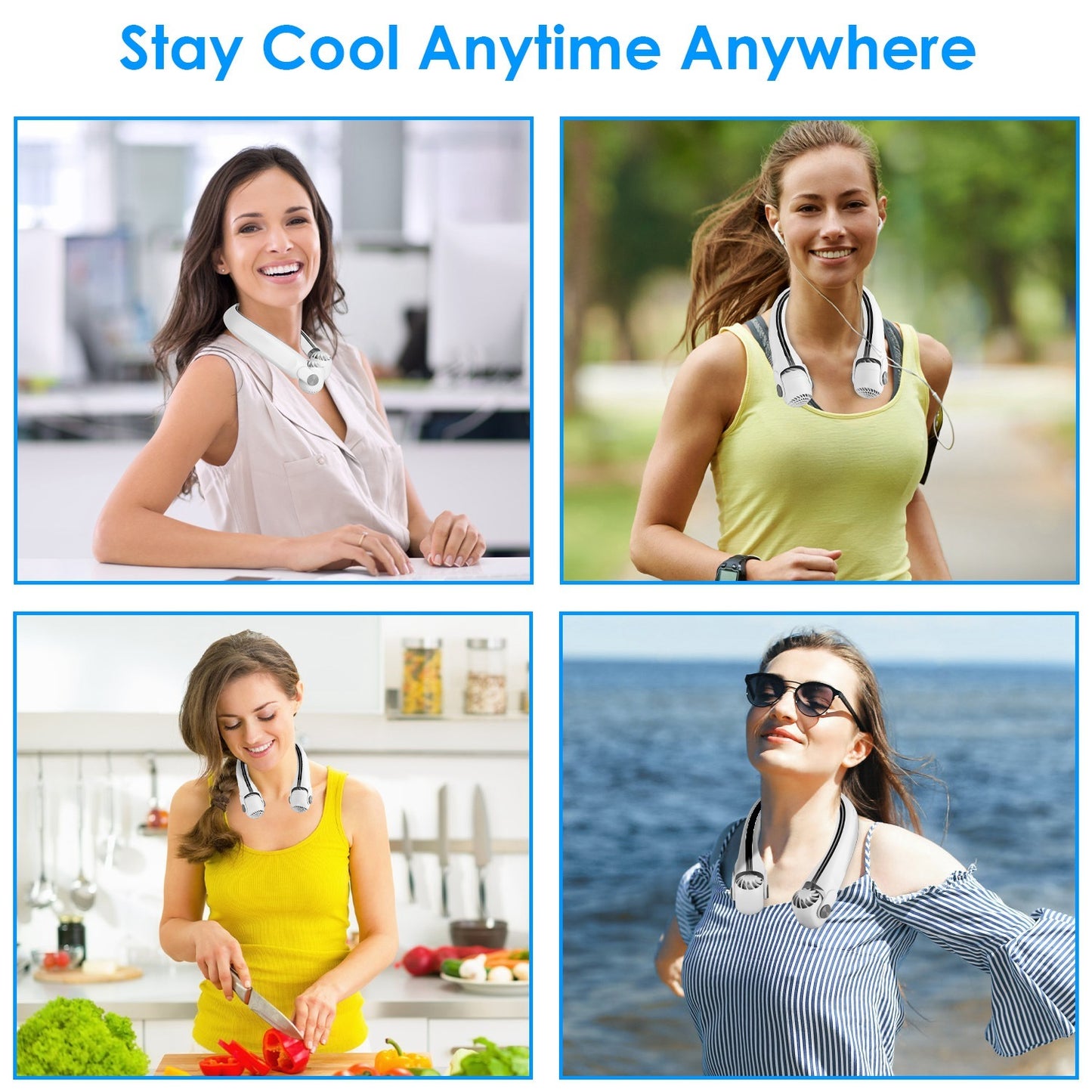 US Local White-Green Options -- 1Pc Portable Neck Hanging Fan Hands-free Cooling Personal Fan With 3 Speeds 360 Degree Air Flow Adjustable Neck Width For Home Office Travel Dormitory