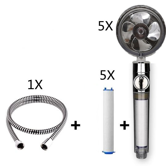 US Local Propeller Driven Shower Head With Stop Button And Cotton Filter Turbocharged High Pressure Handheld Shower Nozzle