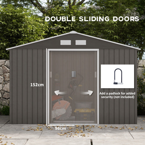 UK Local Outsunny 9 X 6FT Outdoor Garden Roofed Metal Storage Shed Tool Box With Foundation Ventilation & Doors Light, Grey