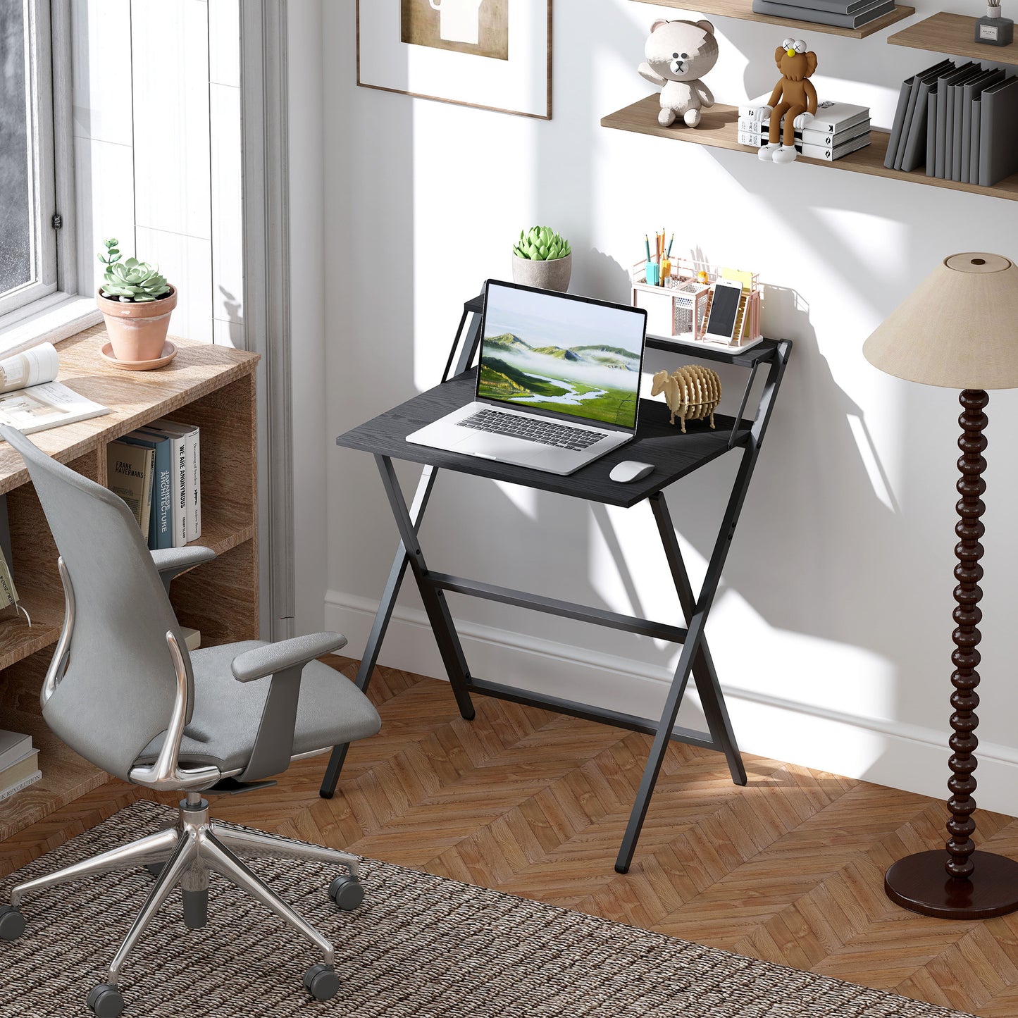 US Local Folding Computer Desk, 27.6 Foldable Desk With Monitor Shelf For Small Space, Home Office, Study, Easy Assembly, Black