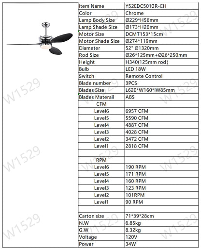 US Local 52'' ABS Blades Ceiling Fan With Lights And DC Remote, DC Motor Modern Ceiling Fan With 3 ABS Fan Blades & 2 Down Rods, Indoor Ceiling Fan With Light For Bedroom,Living Room