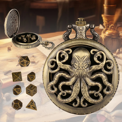 US Local Thick Chain Octopus Symmetrical Pocket Watch Dice Set, Equipped With 7 Mini DND Dice Game Polyhedral Metal Dice, Desktop Role-playing Game Dice Accessories Gift