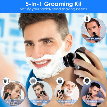 US Local 1Pc Head Shavers For Bald Men 5 In 1 7D Electric Rotary Razor Rechargeable Cordless Head Beard Trimmer Shaver Kit IPX6 Waterproof Dry Wet Grooming Kit With 3 Combs