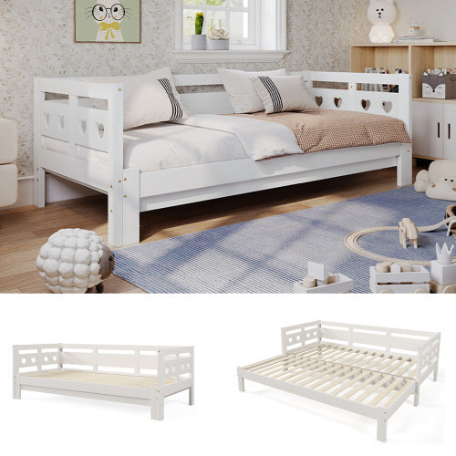 UK Local Daybed Cabin Bed Wooden 3FT Single Sofa Guest Bed Sofa Bed, Pull Out Trundle Wooden Bed Heart-Shaped For Children Adults Bed For Living Room And Bedroom -90 X190 Cm -White
