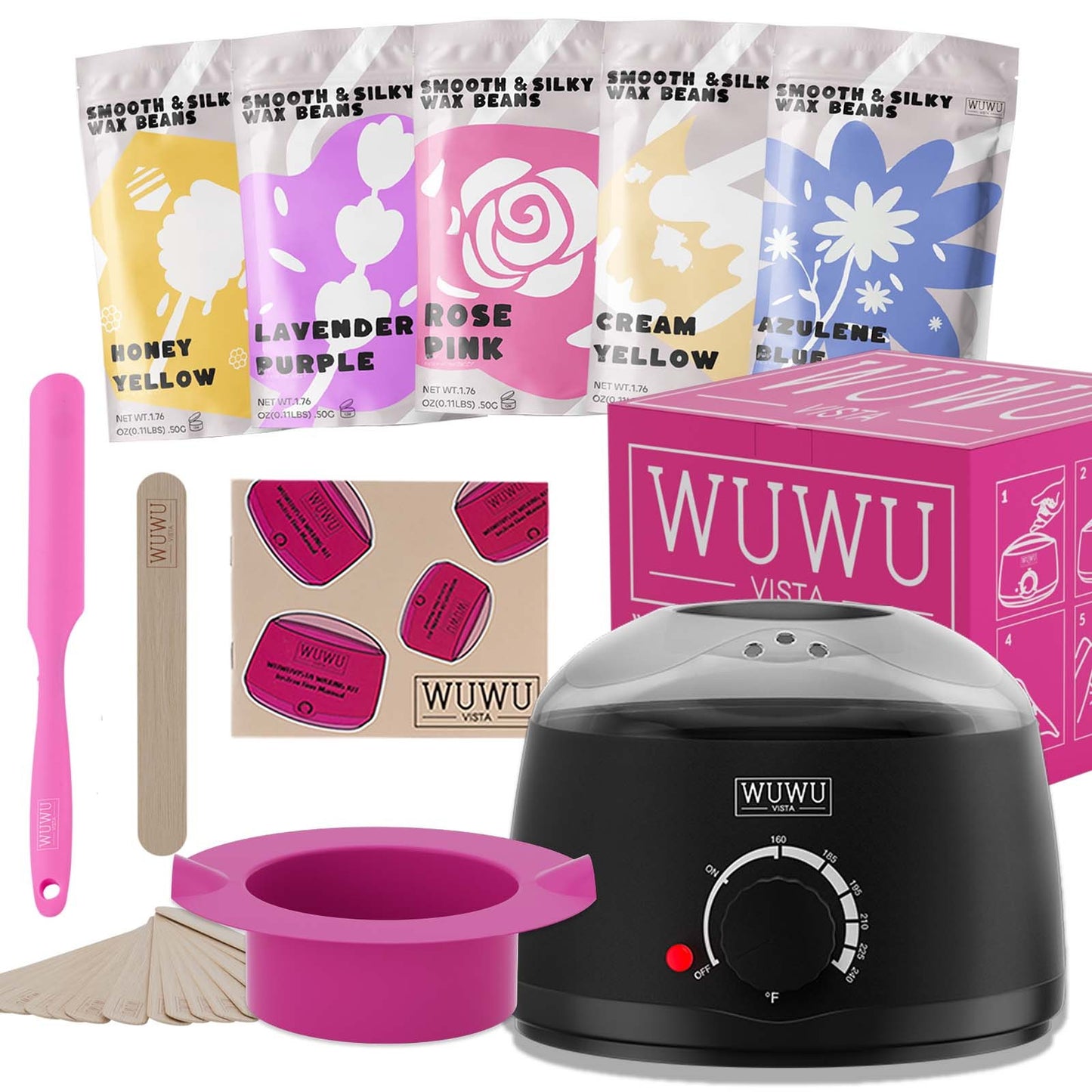 US Local Waxing Kit 19 Items, WUWUVISTA Hair Removal Wax Kit With Wax Melt Warmer Waxing Beads For Face, Brazilian, Full Body, Bikini Suitable For Plugs Of American & European Specifications