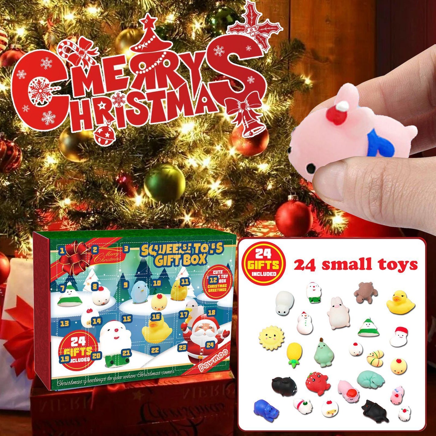 US Local Christmas Squeezable Gift Box, 24-compartment Countdown Blind Box, Squeezeable Cartoon Toy For Stress Relief.