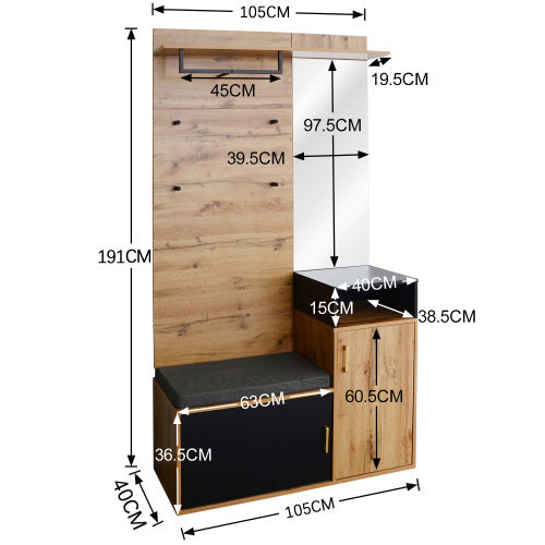 UK Local Wardrobe Set, With 4 Coat Hooks, Mirror, Shoe Cabinet, Wall-mounted Coat Rack, Upper Storage Shelf, Hallway Wardrobe With Bench Seat.