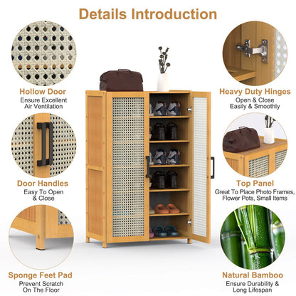 US Local 1Pc 6Tier Shoe Cabinet With Bamboo Shoe Rack Freestanding Shoe Organizer With 2 Hollow Doors And Handles 154lbs Max Load For Closet Hallway Living Room