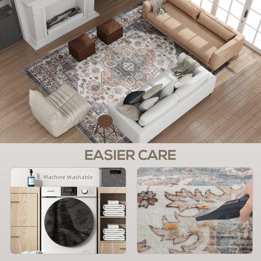 8x10 Area Rug, Vintage Machine Washable Rug, Non-Slip Carpet For Living Room, Bedroom, Dining Room, Brown & Light Blue