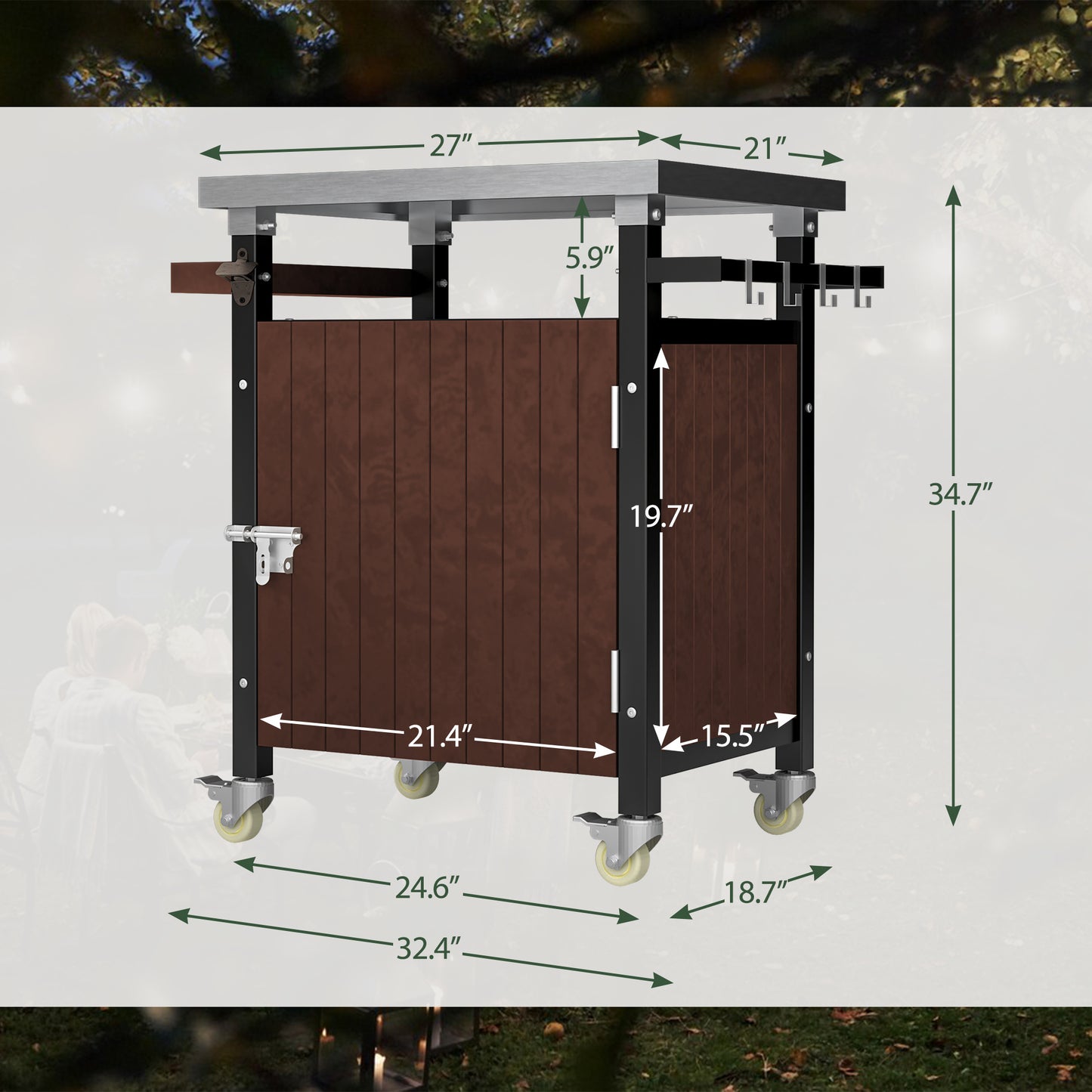 US Local Outdoor Grill Cart With Stainless Steel Tabletop, Storage, Patio Kitchen Island With Wheels, Hooks, And Spice Rack, Waterproof Outdoor Grill Table, Movable BBQ Serving Cart Rolling Bar Cart