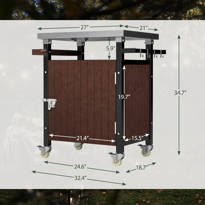 US Local Outdoor Grill Cart With Stainless Steel Tabletop, Storage, Patio Kitchen Island With Wheels, Hooks, And Spice Rack, Waterproof Outdoor Grill Table, Movable BBQ Serving Cart Rolling Bar Cart