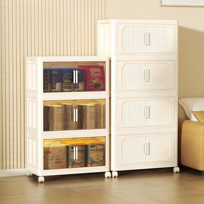US Local Cream White,19.69 Side Wide Folding Storage Cabinet ,5 Tiers,19.69x11.81x50.00,Collapsible Storage Bins With Magnetic Door, Plastic Storage Cabinet With Wheels