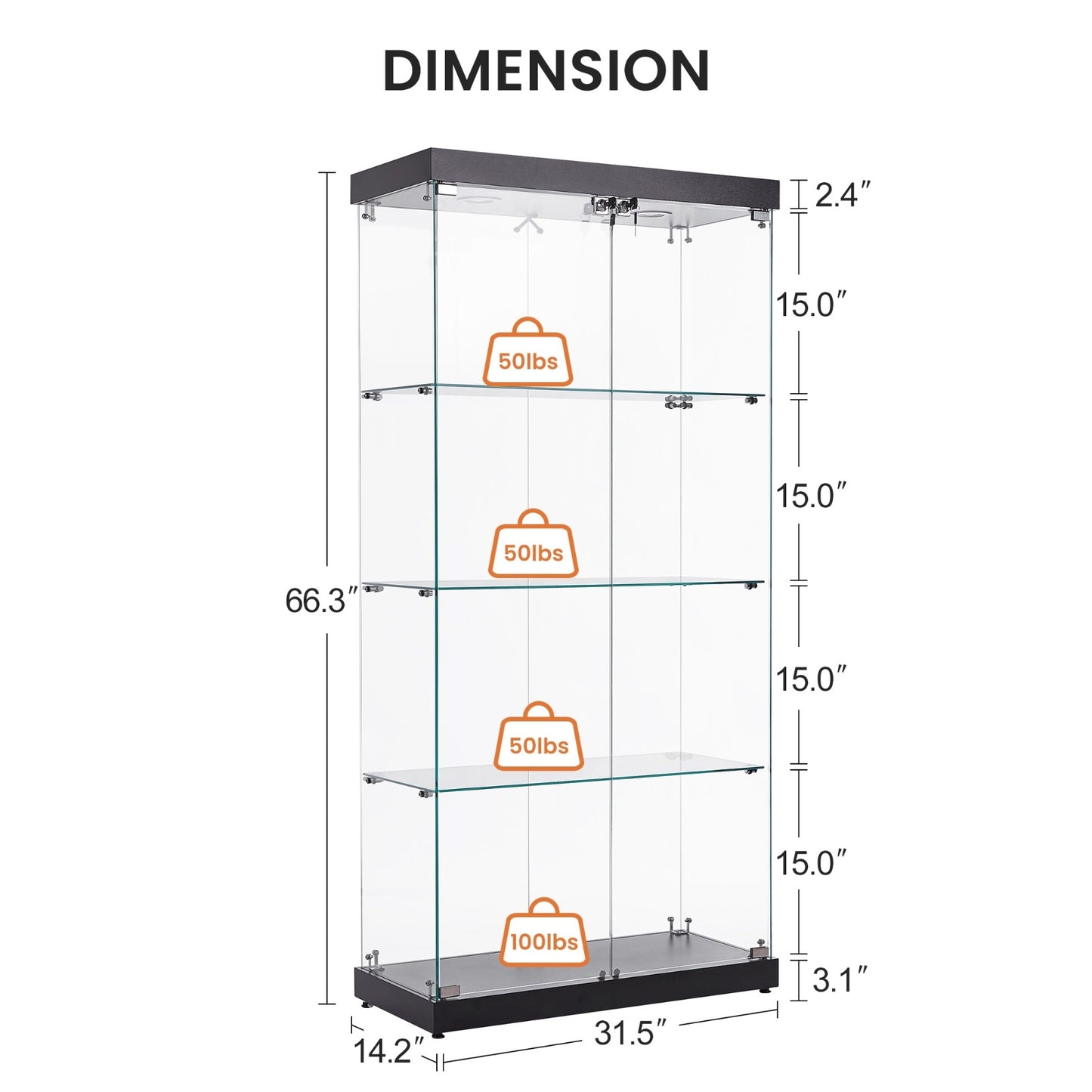 US Local 4-Tier Glass Display Cabinet, Double Door Glass Cabinet, Four Partitions, Two Locks, Floor Standing