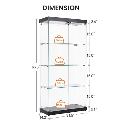 US Local 4-Tier Glass Display Cabinet, Double Door Glass Cabinet, Four Partitions, Two Locks, Floor Standing