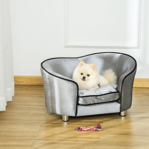 UK Local PawHut Dog Sofa Pet Chair, Kitten Bed Couch W  Wooden Frame, Removable Cushion - Silver-Tone And Grey