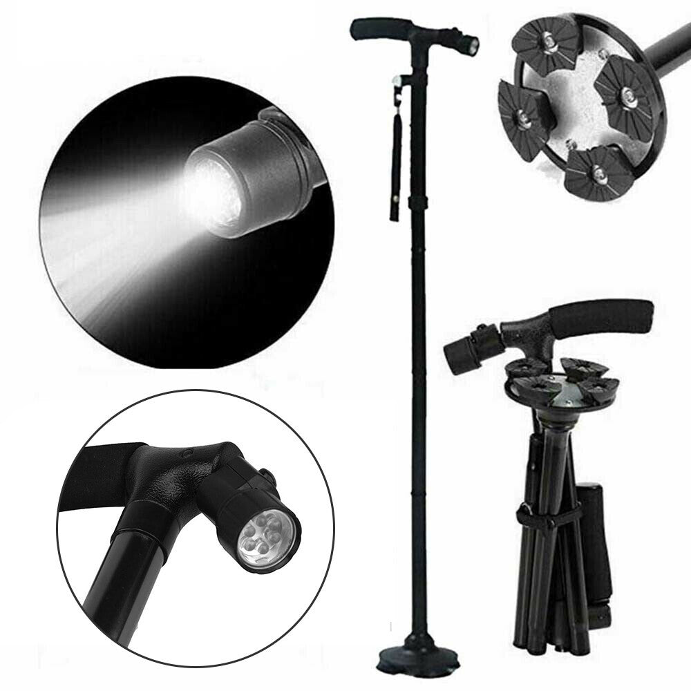 UK Local Folding LCD Walking Stick Cane With Flashlight For Senior Aluminium Travel Hiking Cane Trekking Pole Crutch Handle Strap 5 Gears