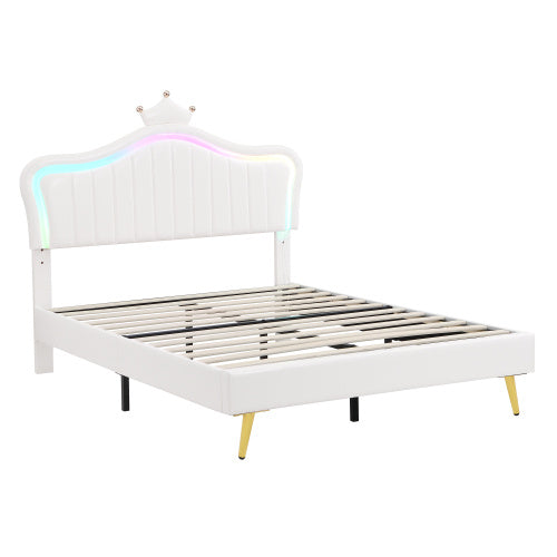 UK Local 4ft6 Double Upholstered Bed With LED Adjustable Crown Shape Headboard, PU Leather Bed Frame With Solid Wood Slat, No Box Spring Needed, Easy Assembly, Cream White No Mattress