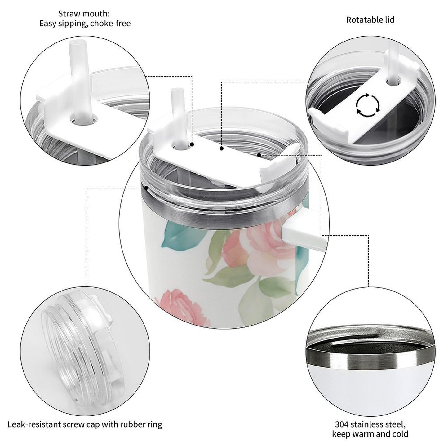 PHDT00428 POD US Local Tumbler 40 oz Large Capacity Car Cup Pink, Flowers