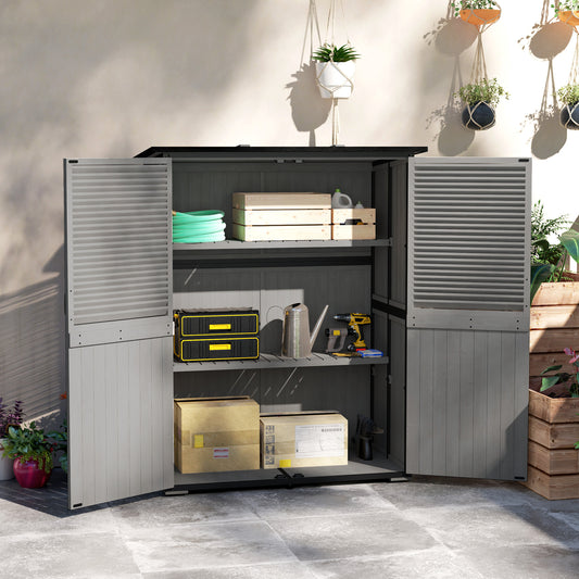 Wood Storage Shed, Outdoor Garden Shed With Asphalt Roof, 2 Shelves, Lockable Doors And Adjustable Feet, Gray