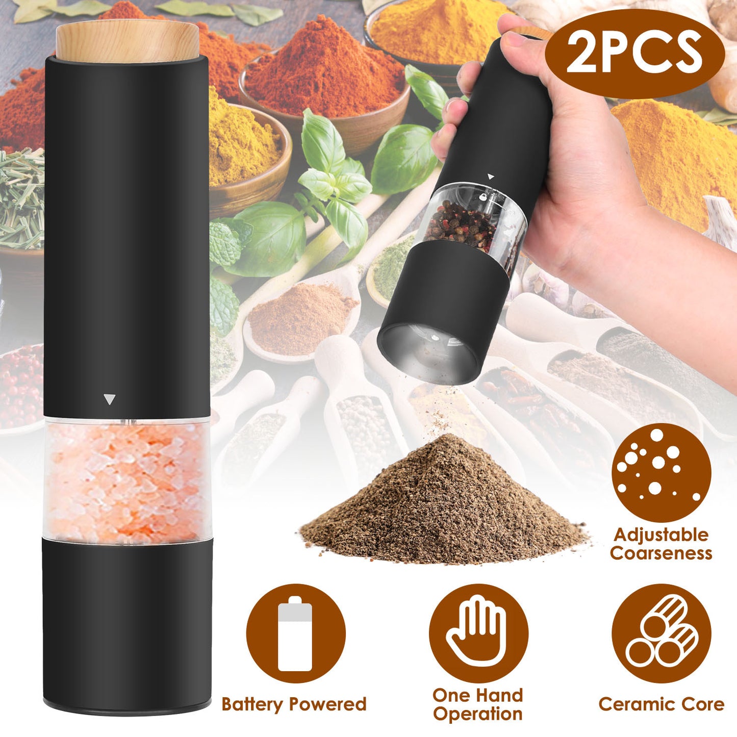 US Local 2Pcs Electric Salt And Pepper Grinder Battery Powered Salt Mill Sets With Adjustable Coarseness One Hand Easy Operation Visible Refilling Bottle