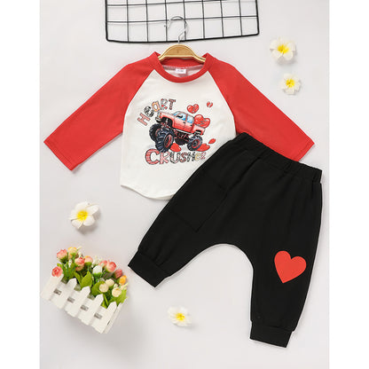 US Local 2pcs Baby Boy's 'Heart Crusher' Print Valentine's Day Set, Long Sleeve T Shirt Top & Black Heart Print Pants