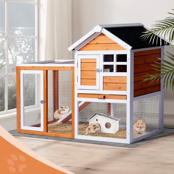 US Local House Type With Running Ladder, Orange-red, Wooden Chicken Rabbit Cage