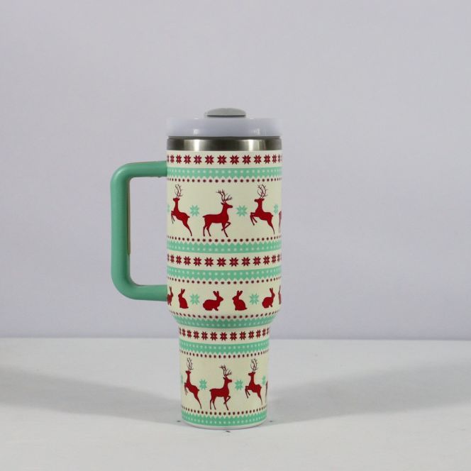 Christmas Pattern Mug With Handle Lid Straw Drinkware Stainless Steel Vacuum Tumbler Large Capacity Car Travel Coffee Cup