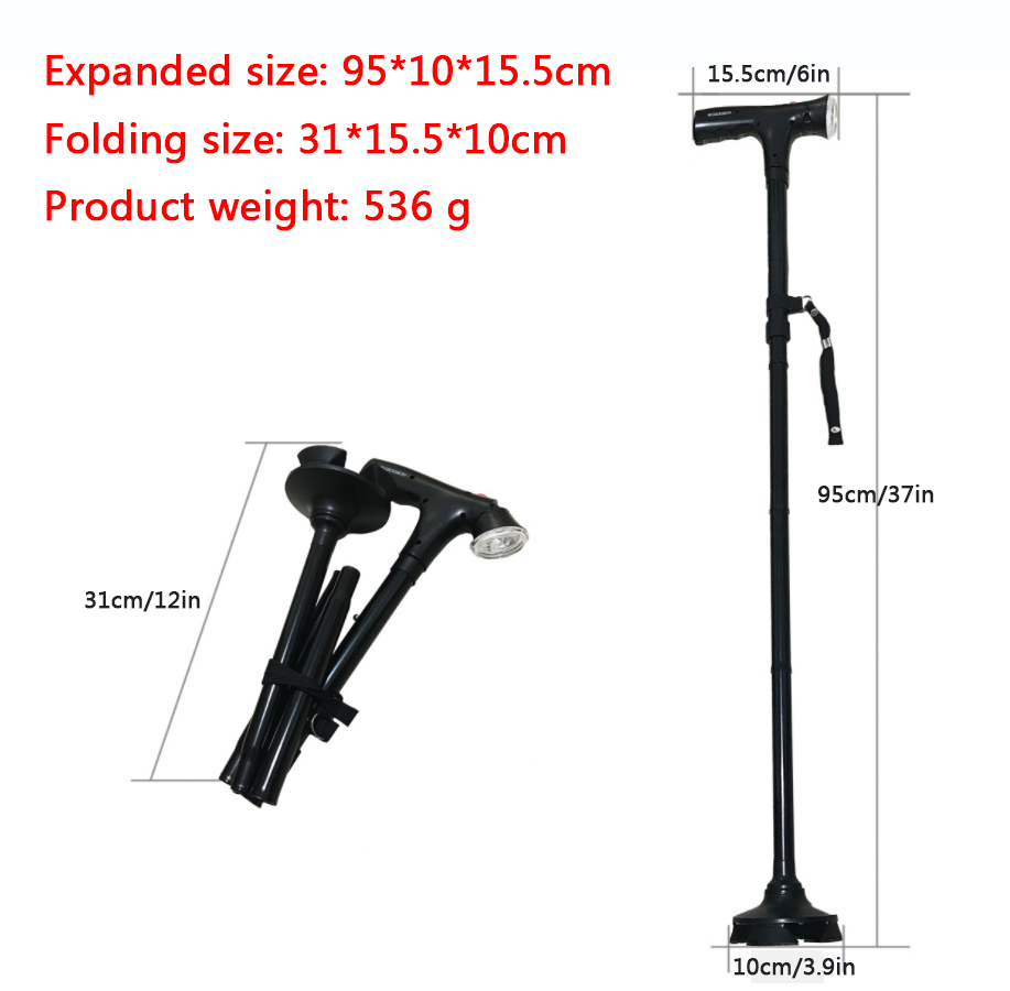UK Local Adjustable Walking Stick Cane With LED Flashlight SOS Alarm Button For Senior Travel Hiking Trekking Pole Folding Crutch Handle Strap 5 Gears
