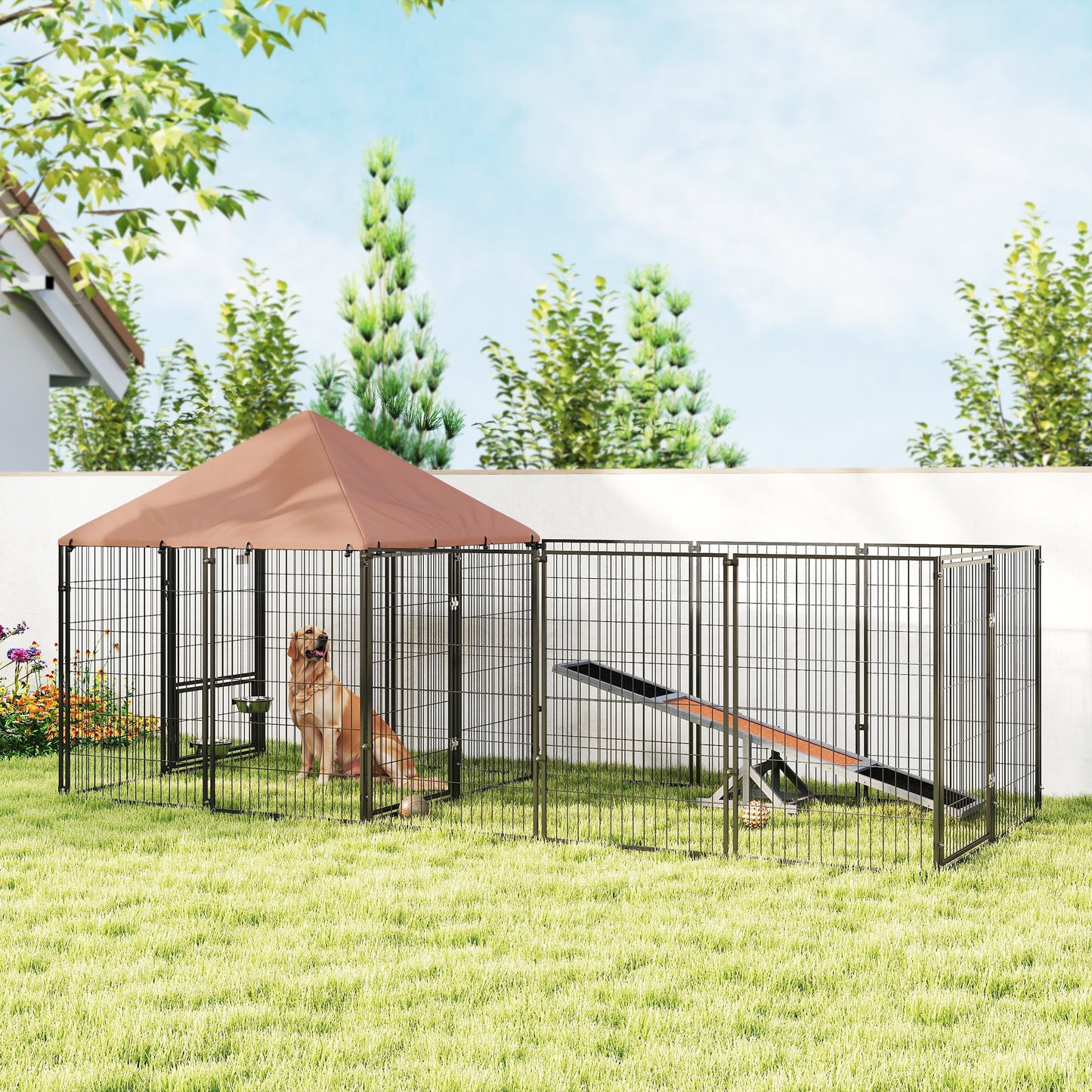 US Local Large Outdoor Dog Kennel With Rotating & Adjustable Height Bowls, Waterproof & UV-Resistant Canopy, 11.3 X 4.7 X 5.1
