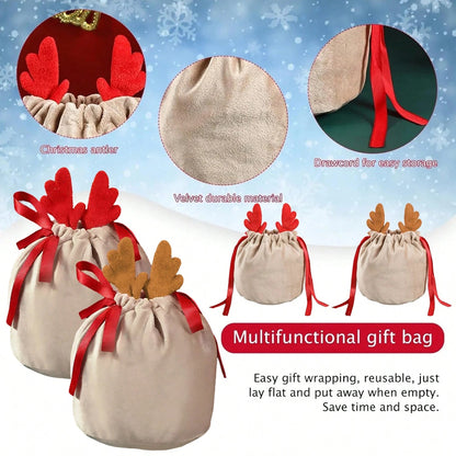 US Local Set Of 5 Christmas Velvet Drawstring Gift Bags With Reindeer Antler Design. Suitable For Organizing Jewelry Or Candy. Santa Gift Bags, Perfect For Holidays, Weddings, And Birthday Party Favors.