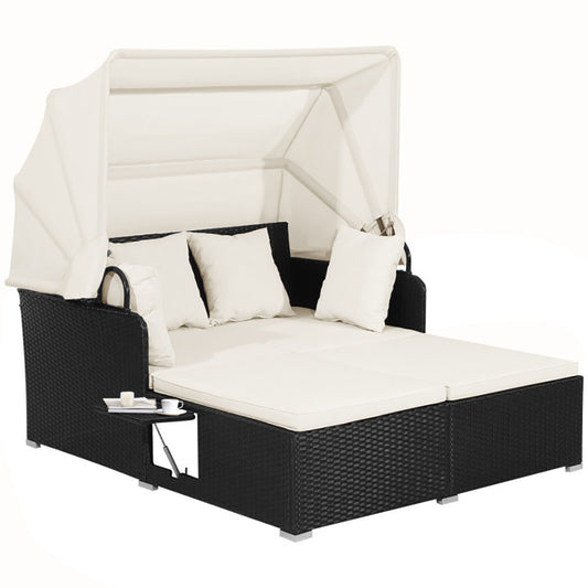 US Local Patio Rattan Daybed With Retractable Canopy And Side Tables