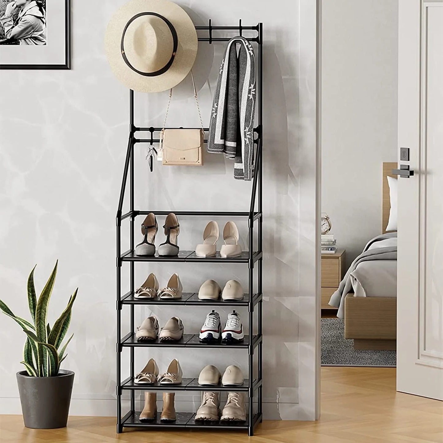 US Local 5-Tier Shoe Rack Shoe Storage For Entryway,Narrow Shoe Rack,Coat And Shoe Rack With 8 Hooks