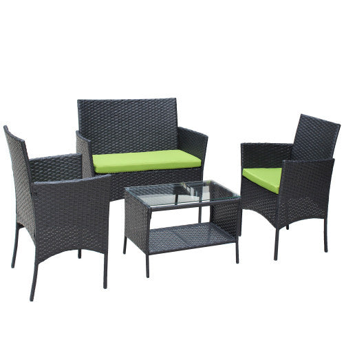 US Local 4 PC Rattan Patio Furniture Set Outdoor Patio Cushioned Seat Wicker Sofa Green Cushion
