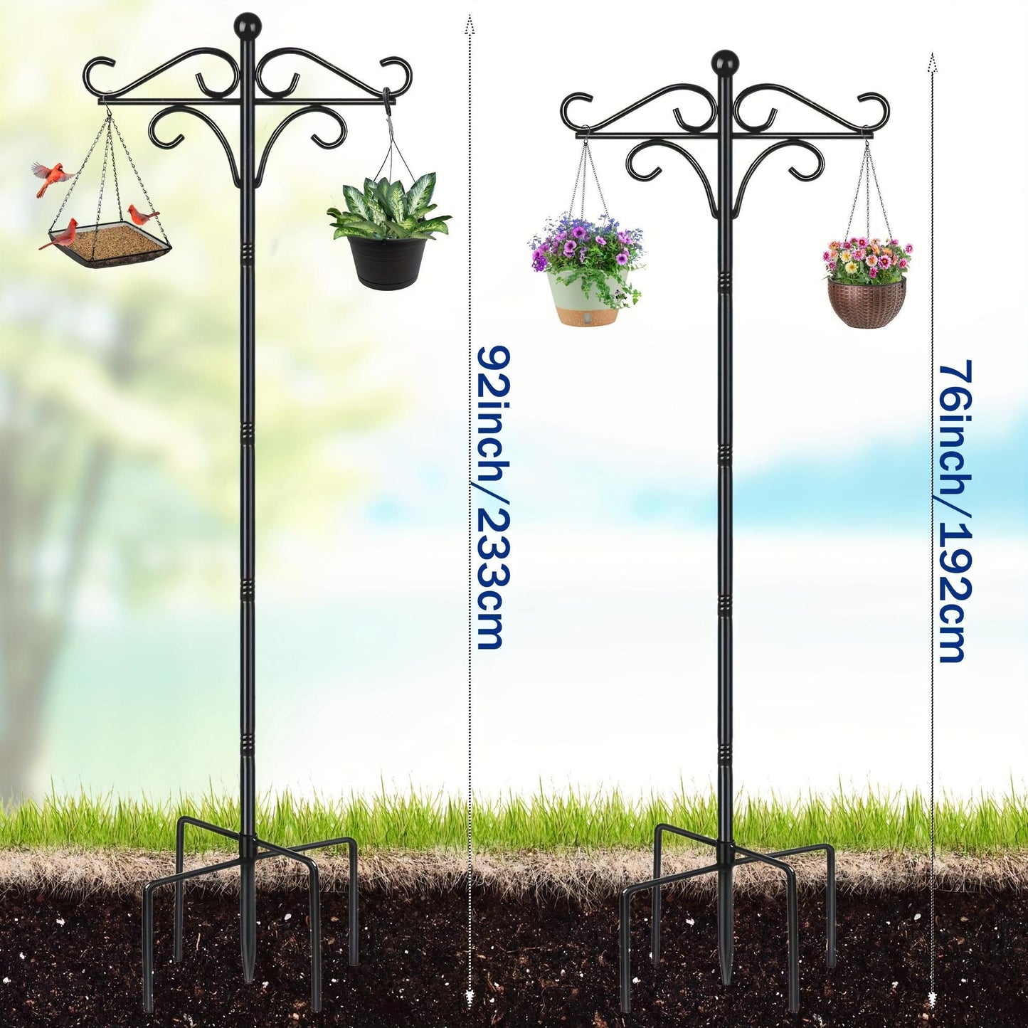 US Local Two Heavy Duty 76 Inch Outdoor Metal Shepherd's Hooks Traditional Double Bird Feeder Pole With Five Finger Adjustable Plant Hooks Suitable For Garden And Wedding Decoration Suitable For Bird Feeders P