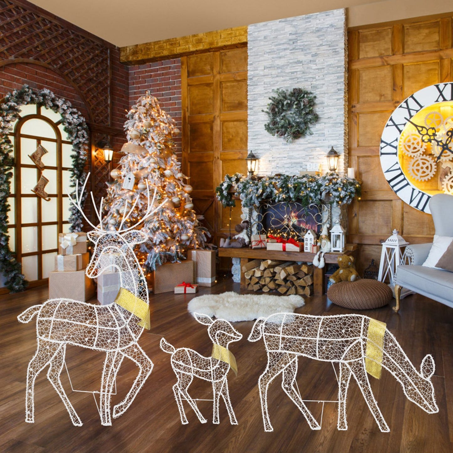 US Local 3 Sets Of Reindeer Family Lighted 2D Christmas Deer Decoration Warm Yellow Light 3 Lighting Modes Buck Doe Fawn Indoor Outdoor Christmas Decoration