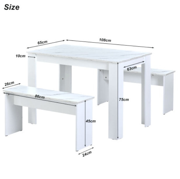 UK Local Dining Table With 2 Benches Dining Table Set For Kitchen, Dining Room, Small Space Artificial Marble White