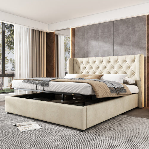 UK Local Upholstered Bed, With Hydraulic Lever, Functional Bed From Storage, 135 X 190 Cm, Without Mattress, Velvet, Beige