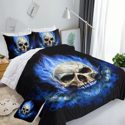 US Local 4 Piece Blue Fire Skull Comforter Set, 3D Skeleton Printed Bedding With 1 Comforter, 2 Shams, 1 Cushion Cover, Black Queen Size