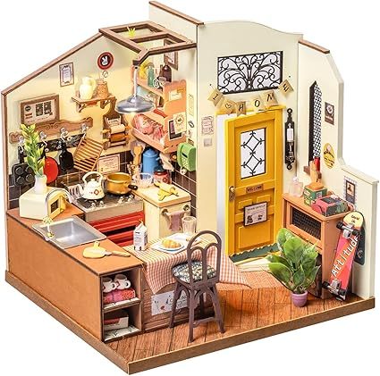 US Local ROBOTIME Rolife Happy Kitchen Dollhouse Minature House DIY Wooden Puzzle With LED Light DG159