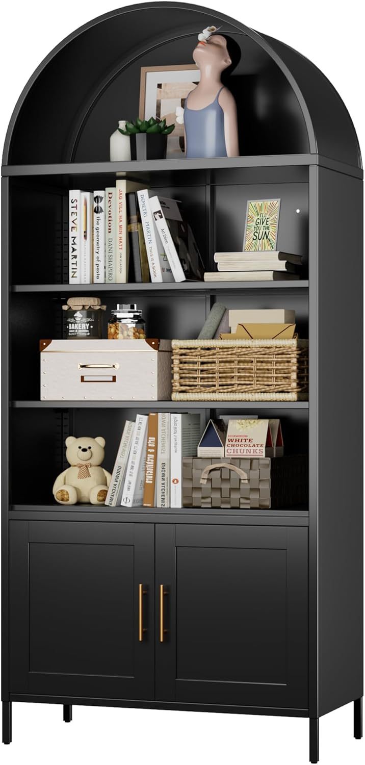 US Local Metal Arched Bookcase, Large Size Freestanding Black Arch Storage Cabinets For Home Office Bookshelf Living Room