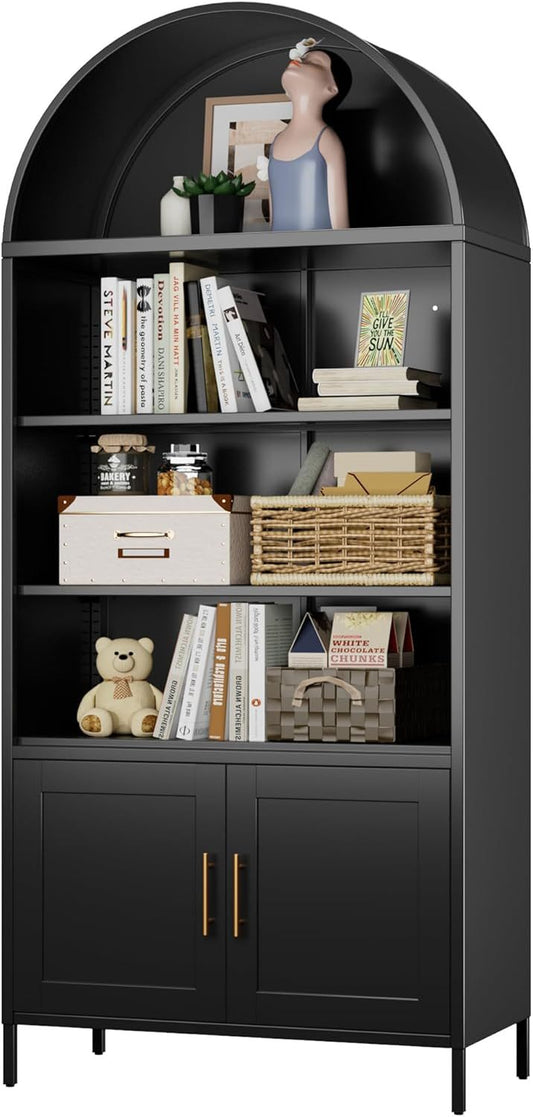 US Local Metal Arched Bookcase, Large Size Freestanding Black Arch Storage Cabinets For Home Office Bookshelf Living Room
