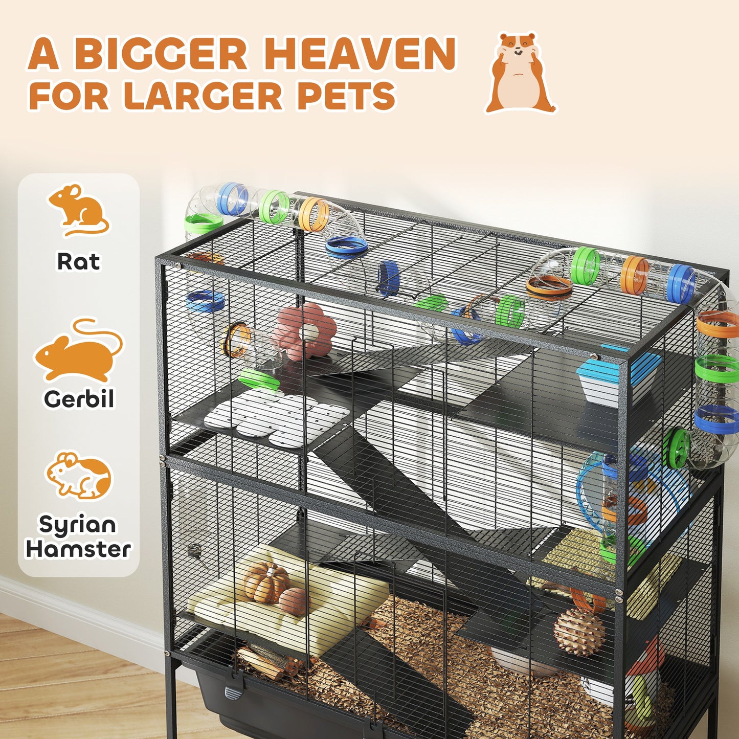 US Local 5 Tier Hamster Cage, Rolling Rat Cage With Deep Tray, Storage Shelf, Big Exercise Wheel, Hut, Tube System